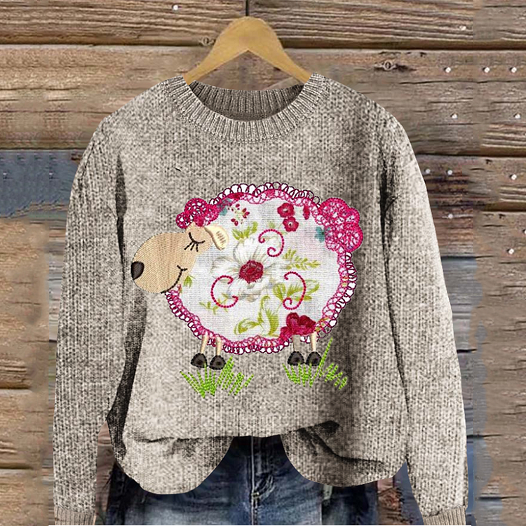 Comstylish Lovely Cute Sheep Applique Machine Embroidery Cozy Knit Sweater