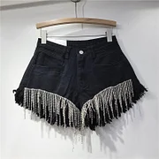 Chic Distressed Denim Shorts for Women - Spring-Summer 2025 Zara Style with Rhinestone Chains