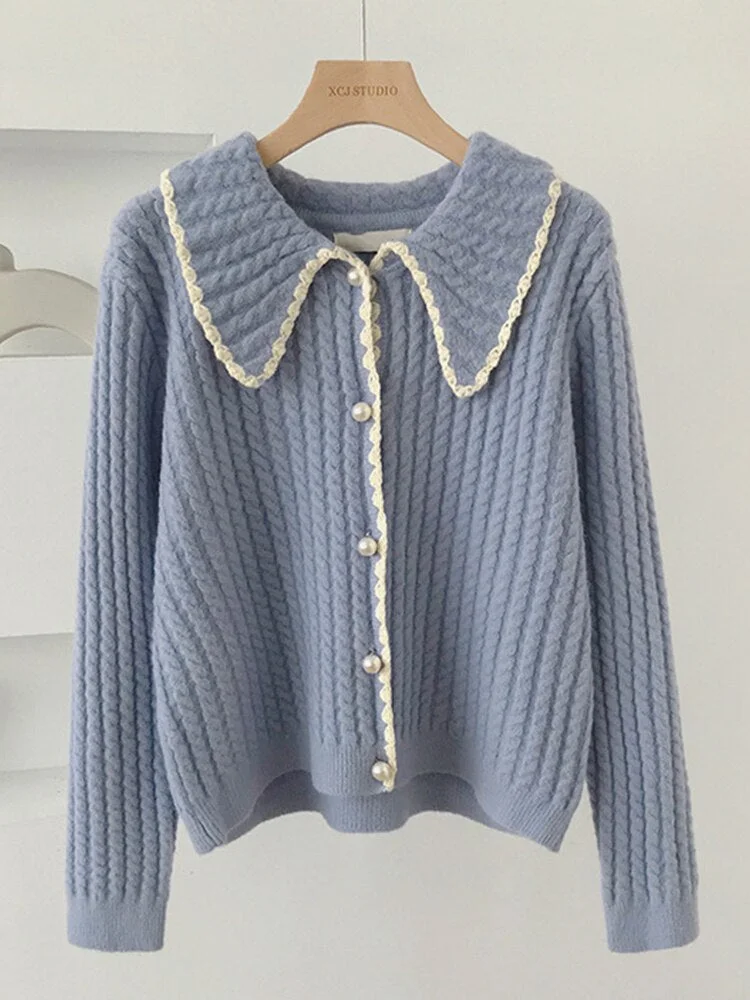 WannaThis Turn-Down Collar knit Sweater Cardigan Women Long Sleeve Pearl Button Up Y2K Casual Casual Warm 2021 Autumn Sweater