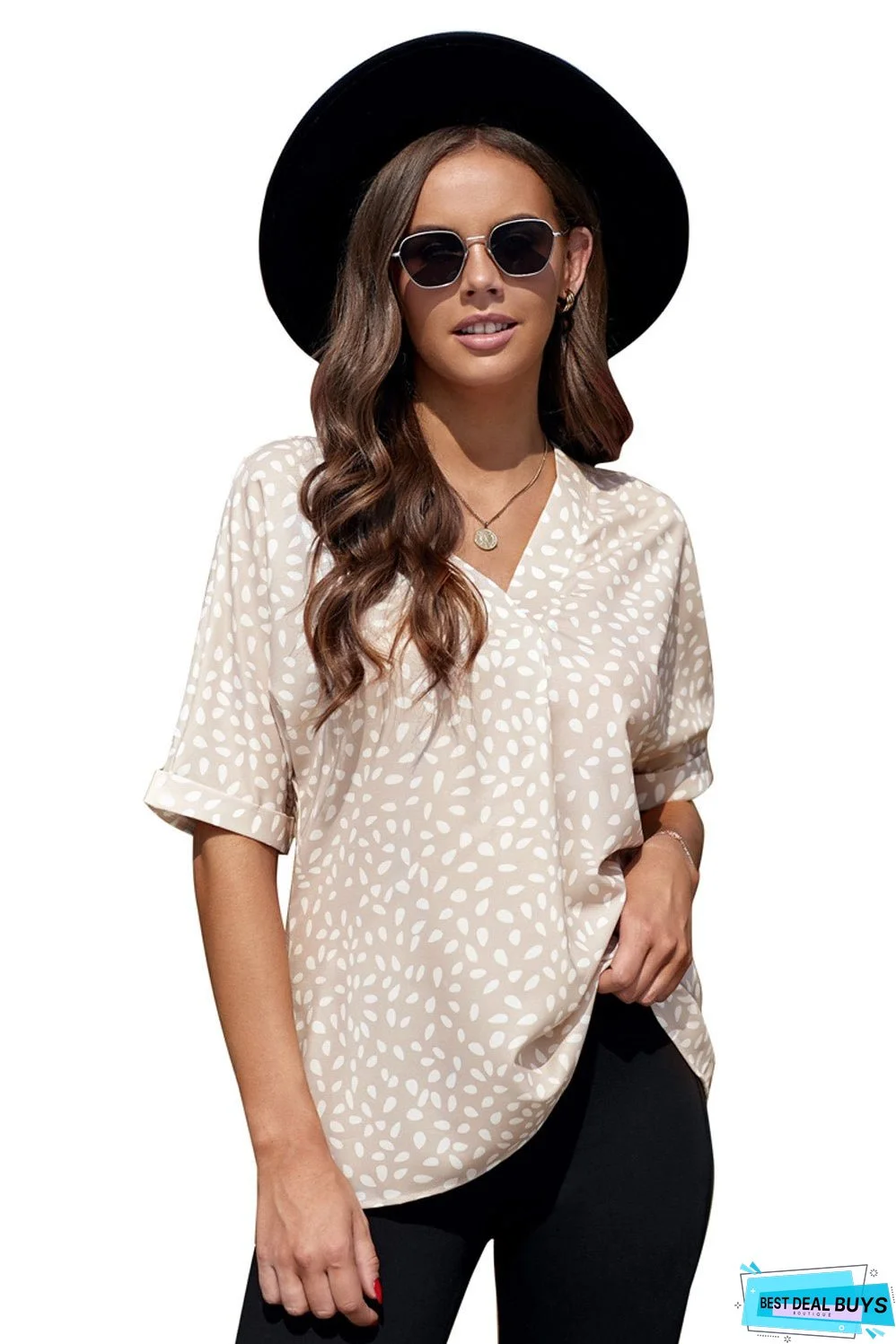 Chic Apricot Chloe Animal Print V-neck Rolled Sleeve Tunic Top