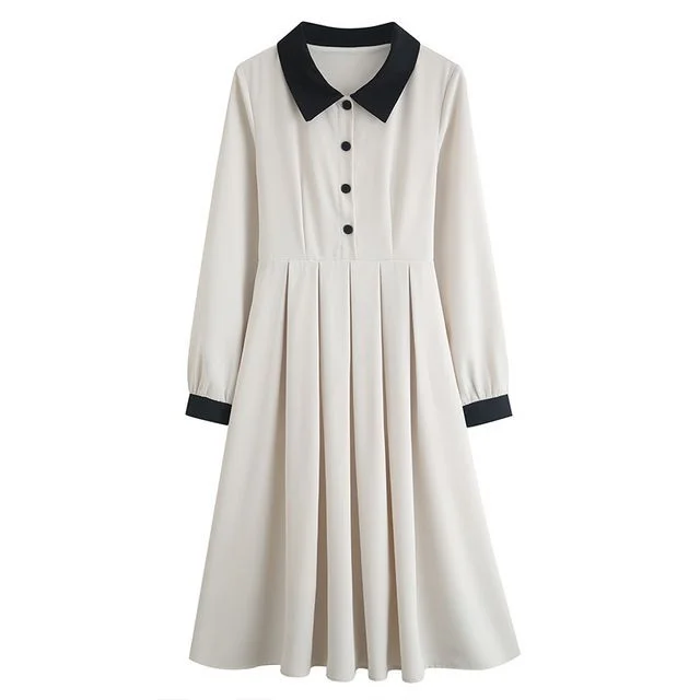 Long-Sleeve Collared Two Tone Midi A-Line Dress WE72
