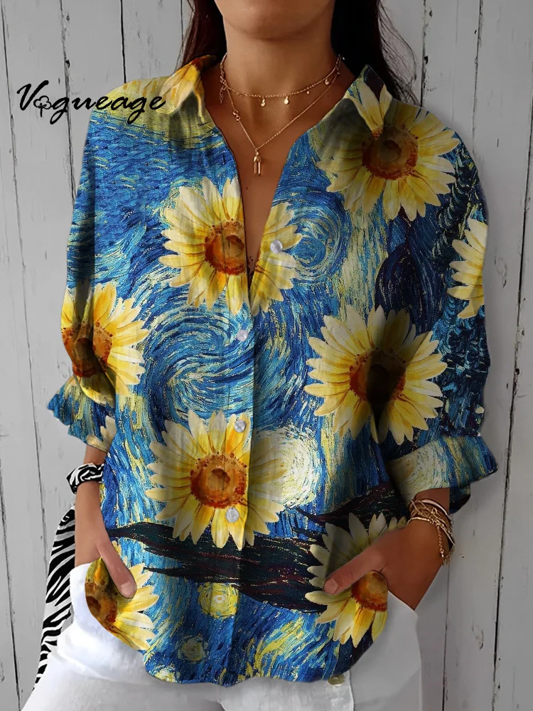 Oil Painting Impressionist Sunflower Printed Cotton And Linen Shirt