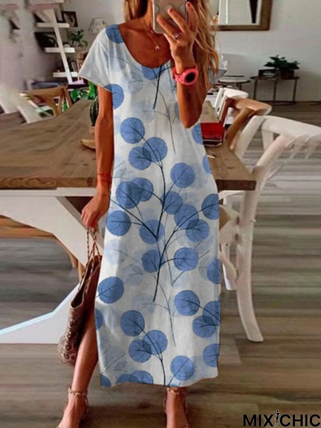 Blue Printed Short Sleeve Holiday Daily Casual Crew Neck Shift Knitting Dress