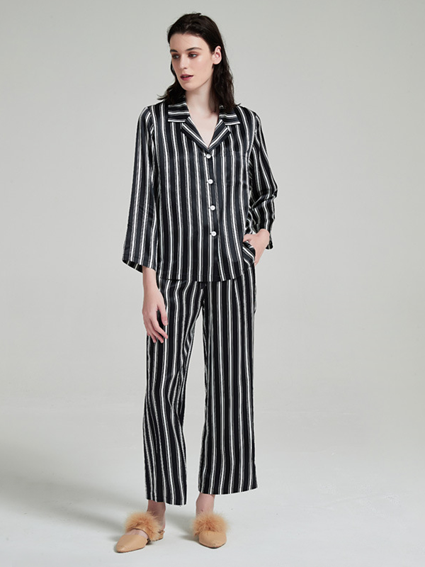 19 Momme Long Sleeves Striped Silk Pajamas
