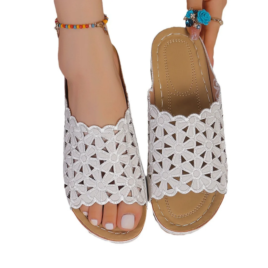 Yyvonne 2025 Summer New Simple Leisure Flowers Hollow PU With Women's Slopes And Slippers