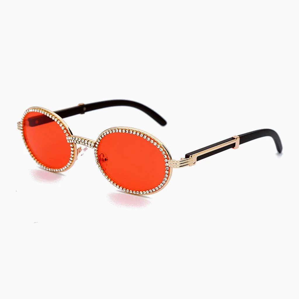 Vintage Rhinestone Trimmed Frame Oval Shape Sunglasses - Orange