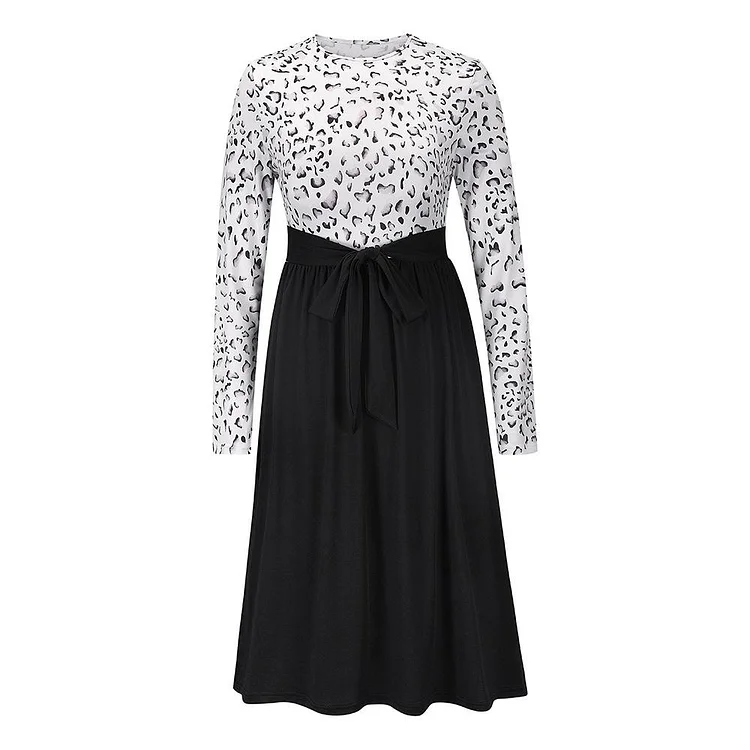 Leopard Print Stitching Long Sleeve Dress-Mayoulove