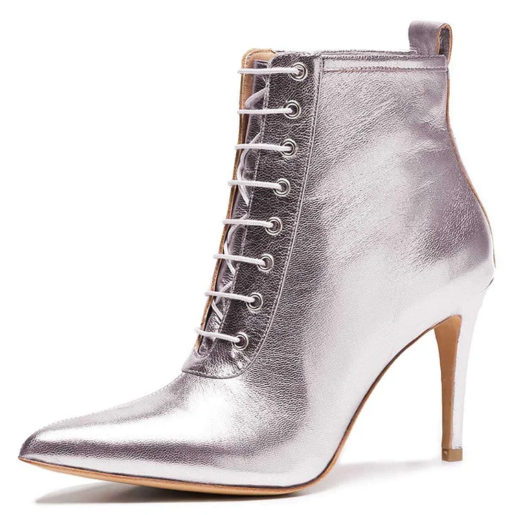 Silver Metallic Lace Up Boots Stiletto Heel Ankle Boots |FSJ Shoes