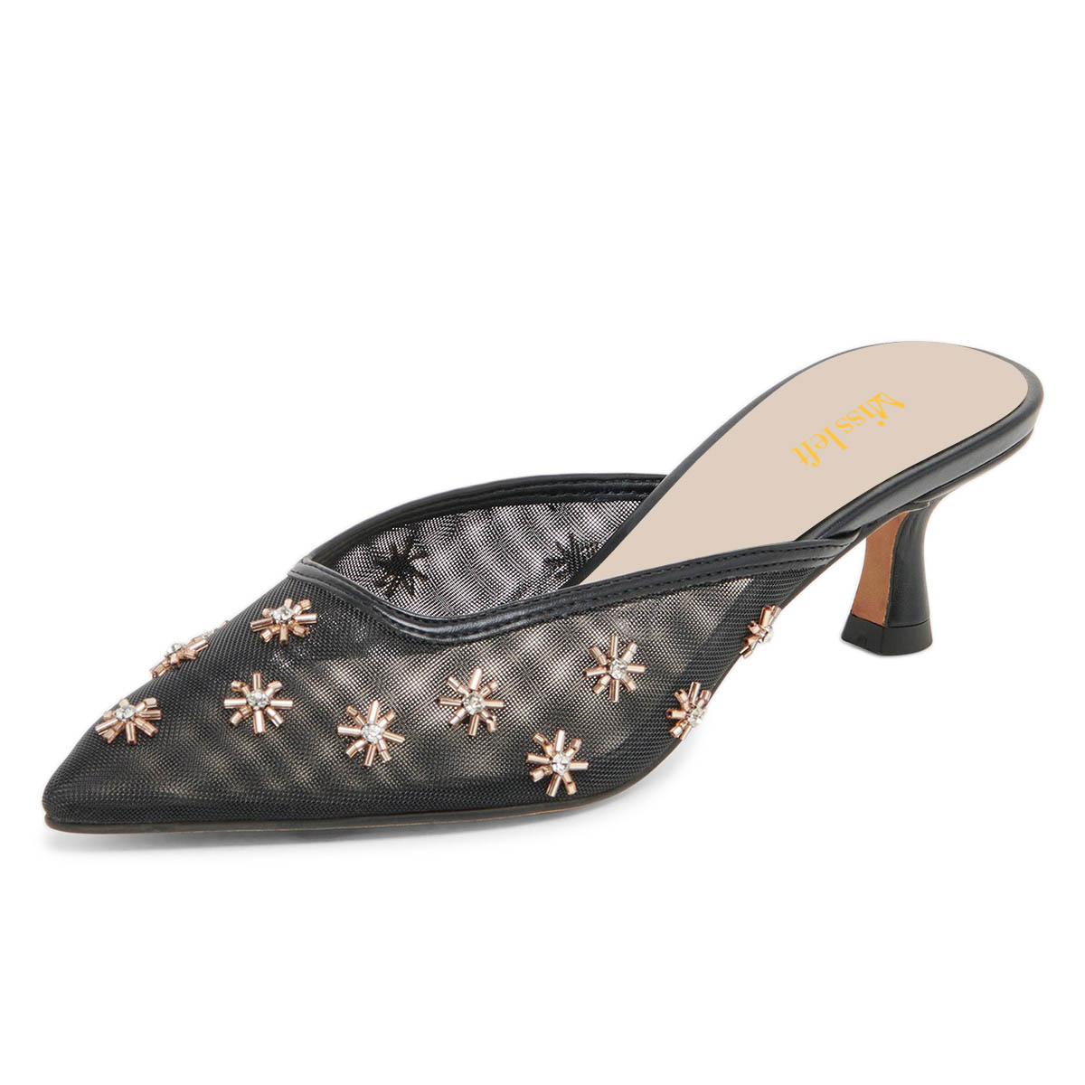 Elegant Black Pointed Toe Mule Kitten Heels with Rhinestoned Flowers Nicepairs