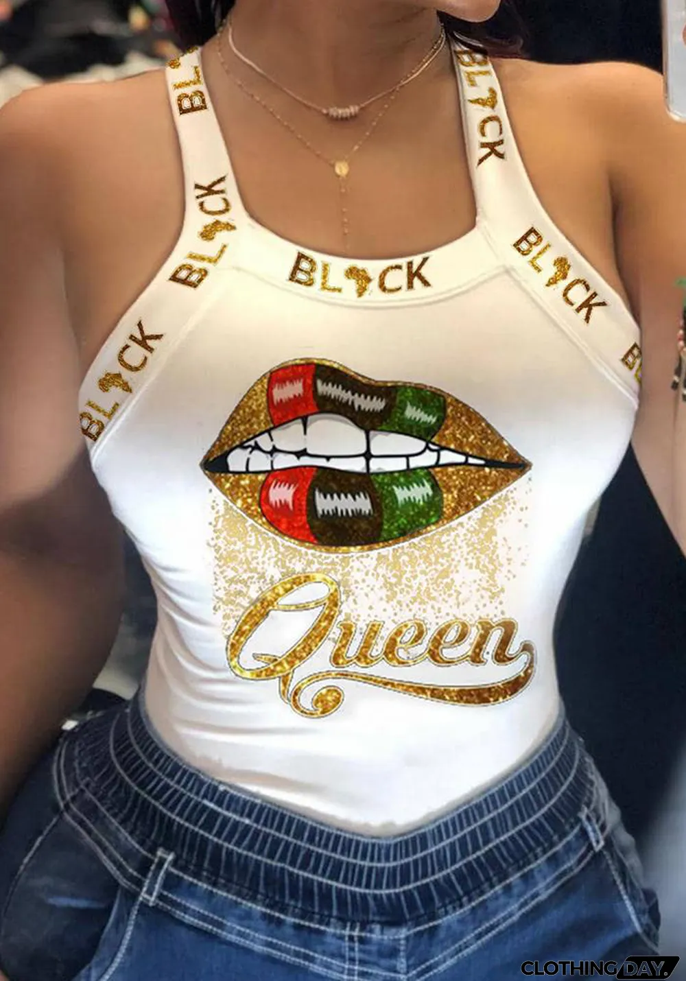 Women Summer White Sexy Square Collar lip letter Print T-Shirt