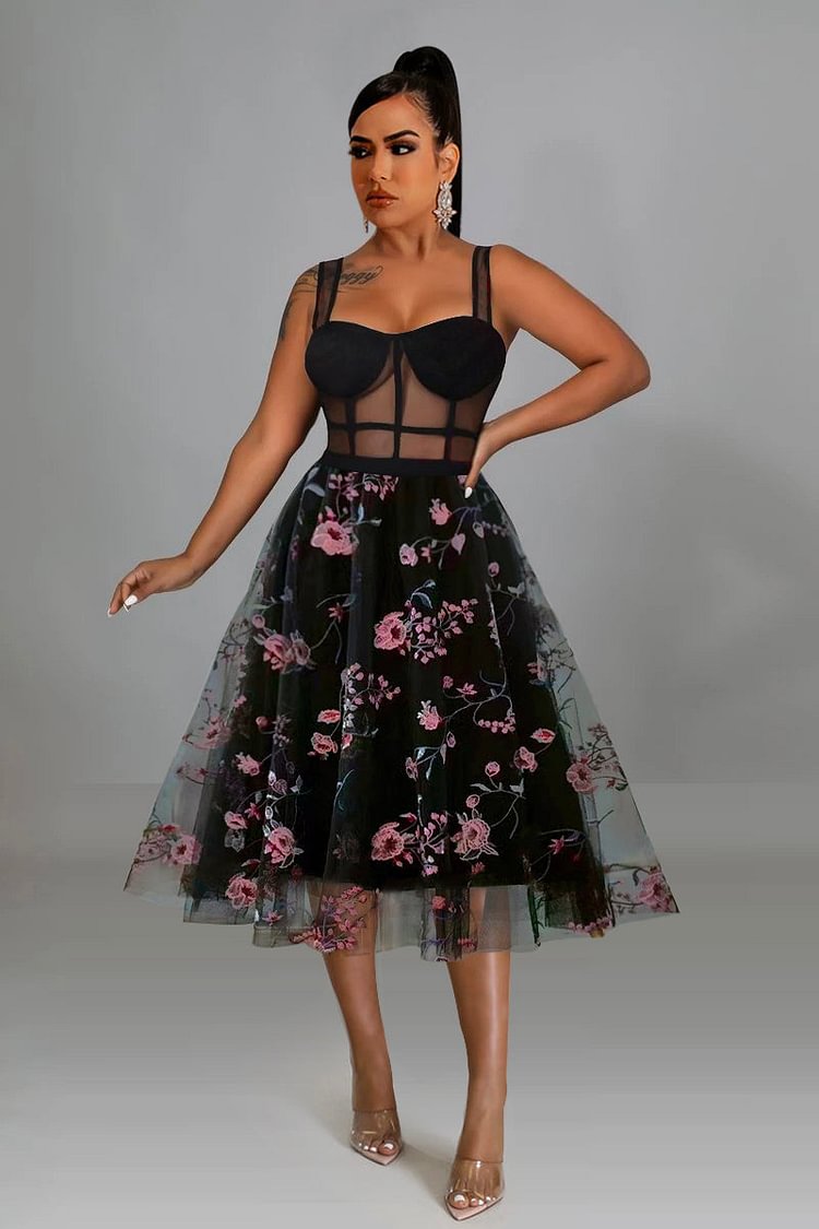 Embroidered Floral Party Cocktail Tulle Midi Dresses