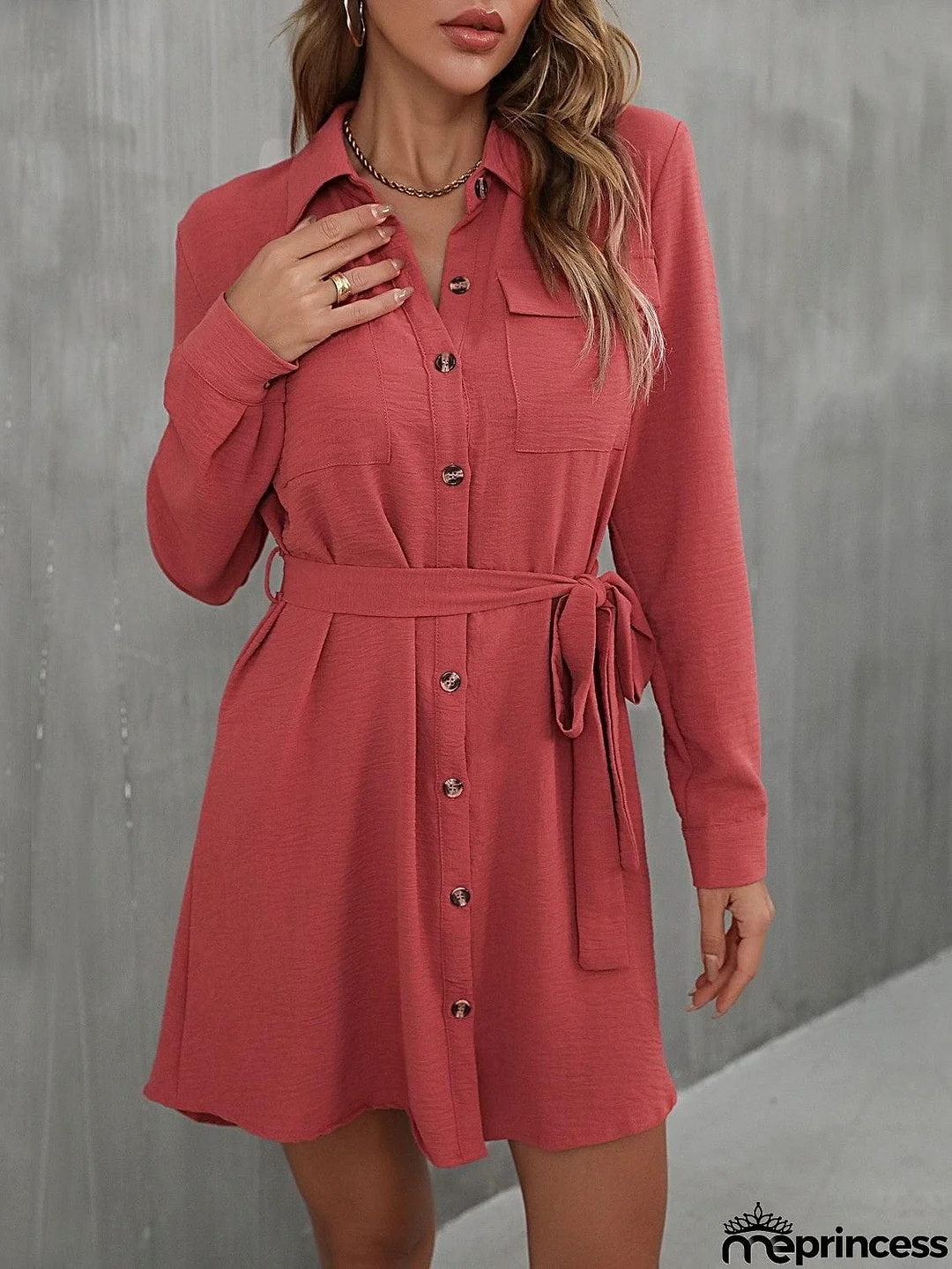 Button Down Belted Long Sleeve Shirt Dress