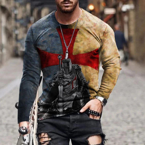 Men's Retro Printed Casual Long-sleeved T-shirt