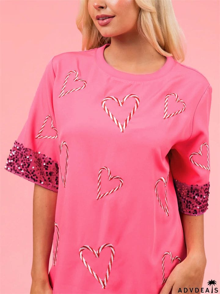 Women's Heart Print Sequins Casual Pink Shirt