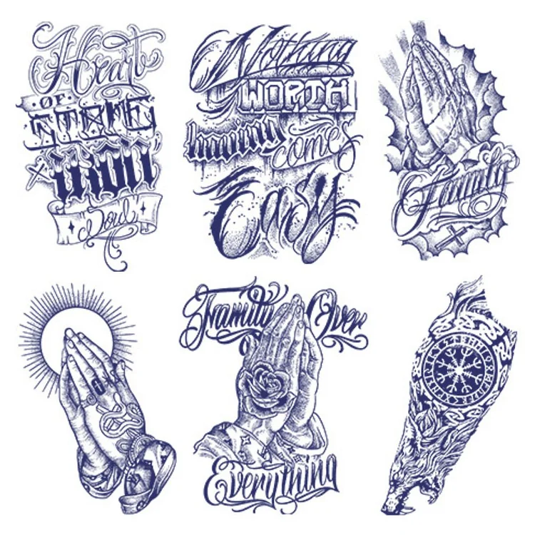 6 Sheets Cool Letters Graffiti Pray Semi-Permanent Tattoo Stickers 