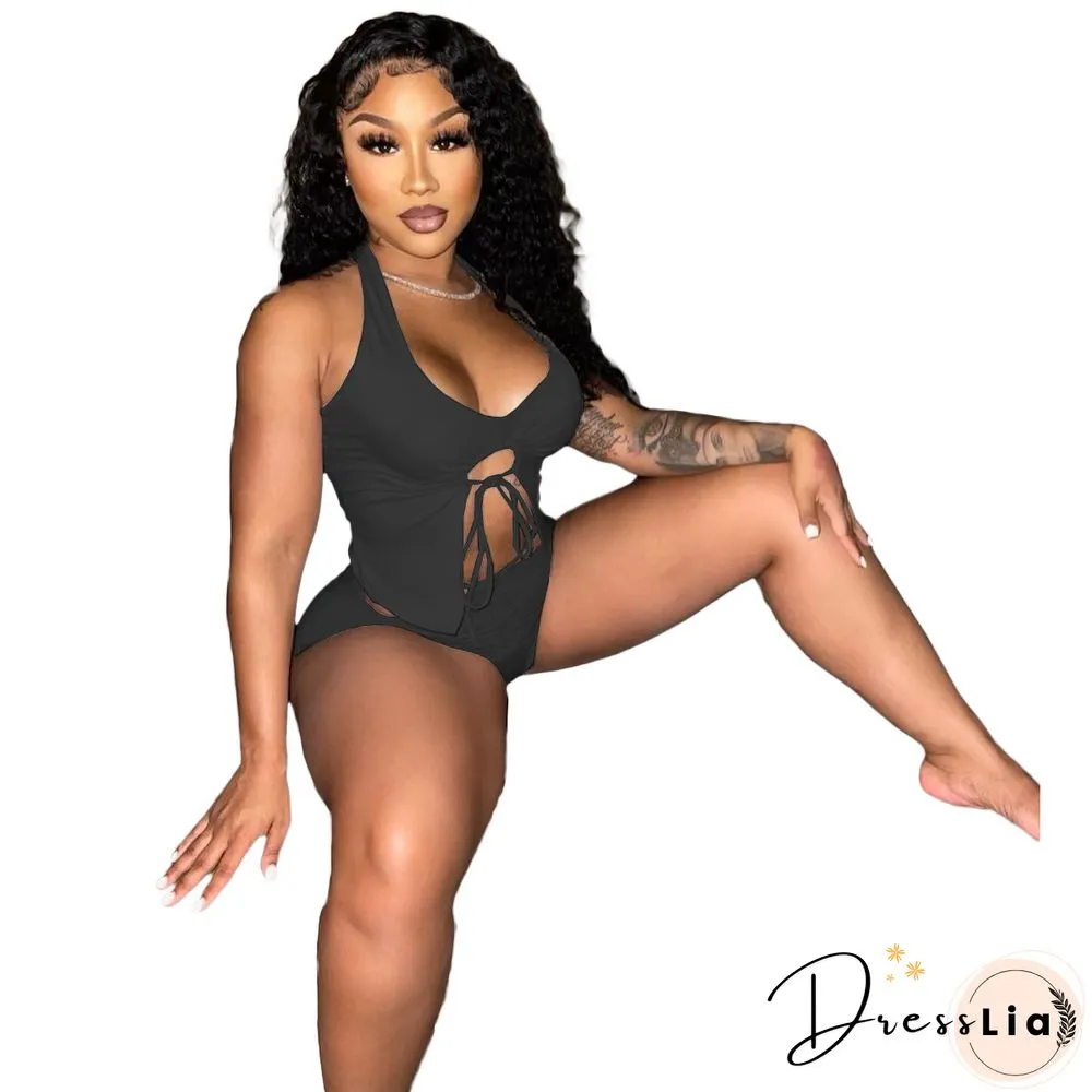 Summer Women Sexy Solid Color Irregular Hollow Out Sleeveless Halter Top Skinny Shorts Two Piece Suit