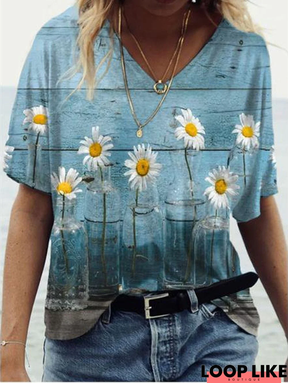 V Neck Floral-Print Short Sleeve T-shirt