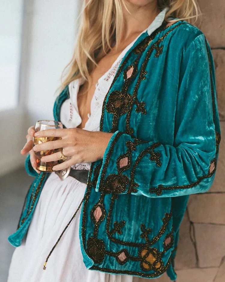 Casual Velvet Embroidery Long Sleeve Cardigan