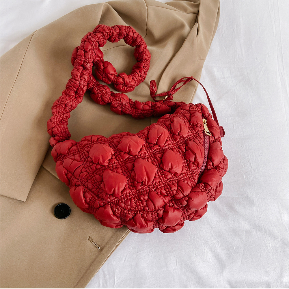 Women Cloud Pleatd Bag Zipper Quilted Crossbody Bag Solid Color Drawstring Strap Adjustable Female Casual Handbag