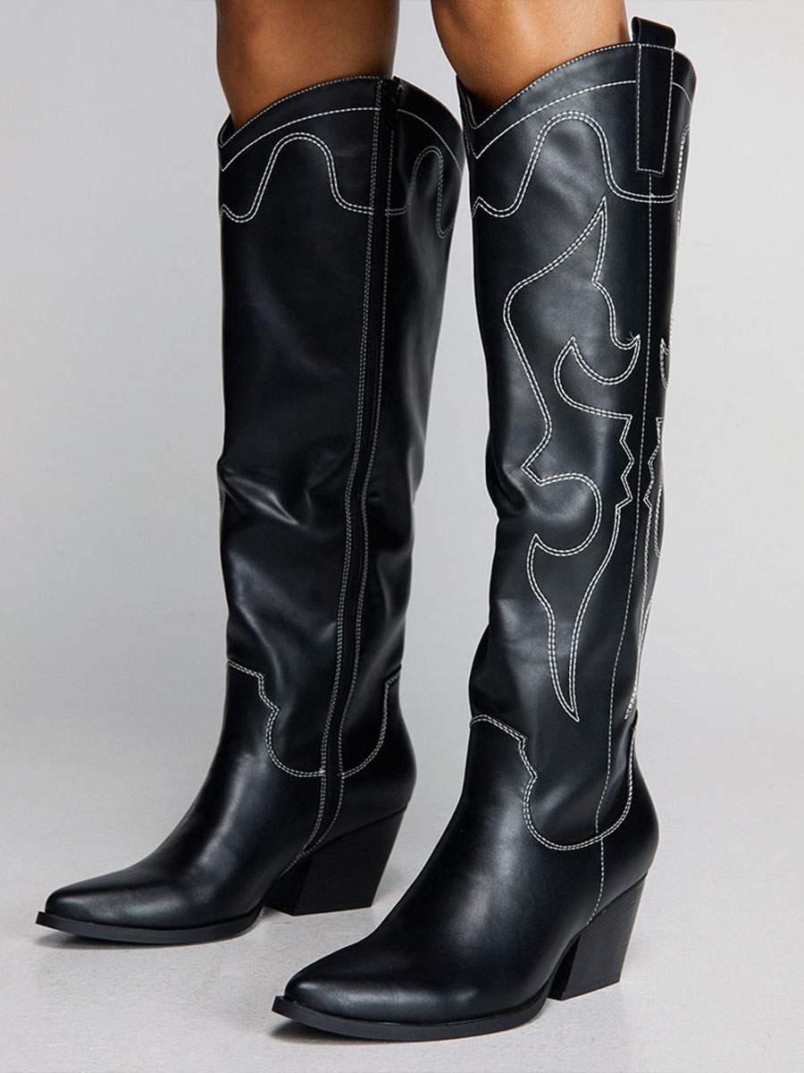 Black Pointed Toe Inside-Zip Embroidered Knee High Cowgirl Boots With Chunky Heels