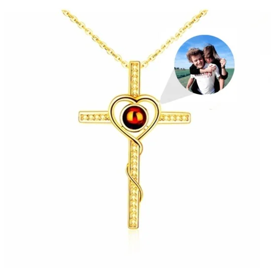 Custom Photo Cross Projection Necklace with I Love You in 100 Languages