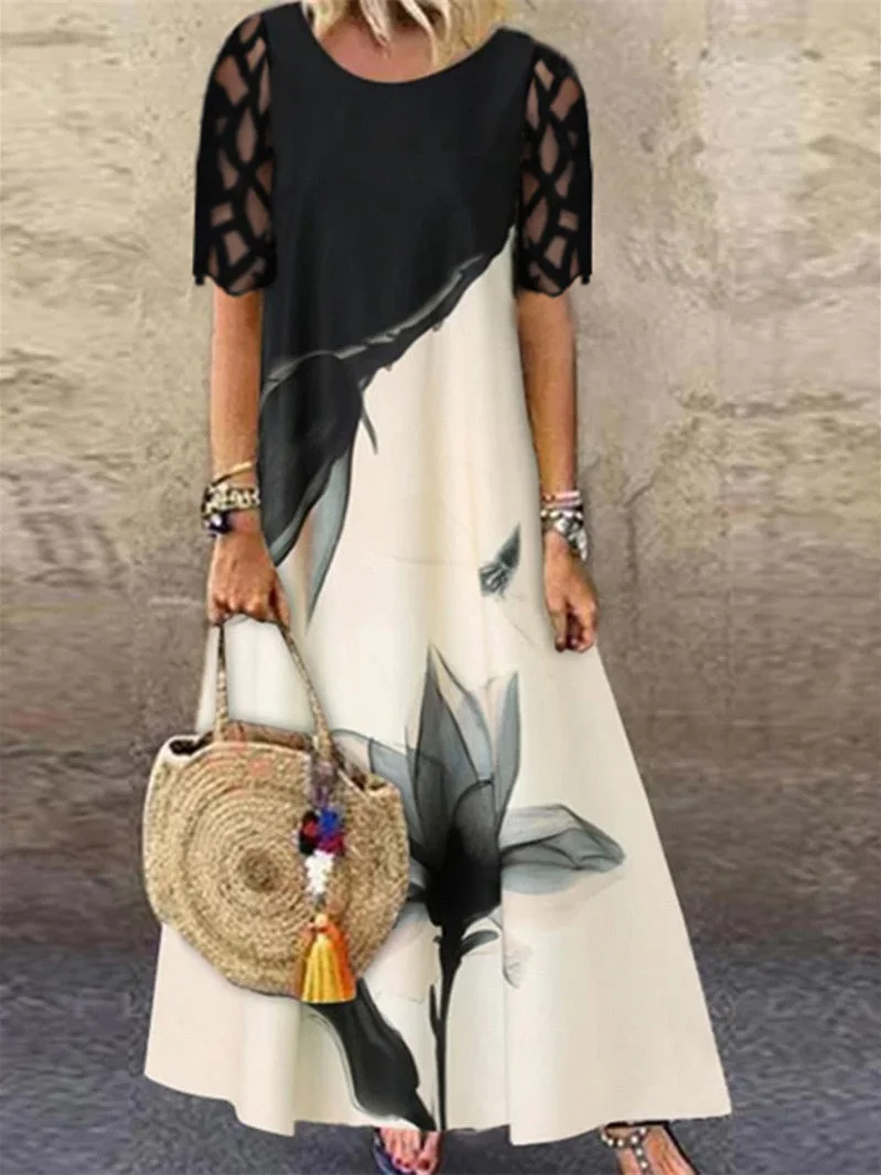 Women Short Sleeve Scoop Neck Floral Printed Maxi Dress