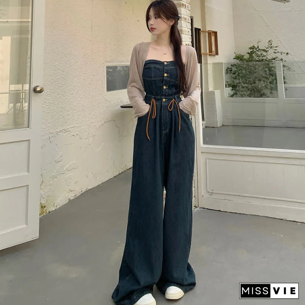 Pure Color Knit Cardigan Off The Shoulder Lace Up Denim Overalls