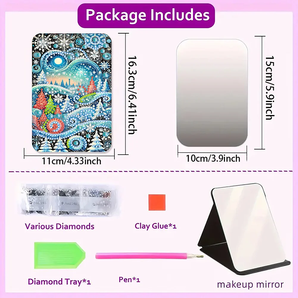 DIY Diamond Art Shiny Crystal Mirror Lightweight Standing Makeup Mirror (Snow)