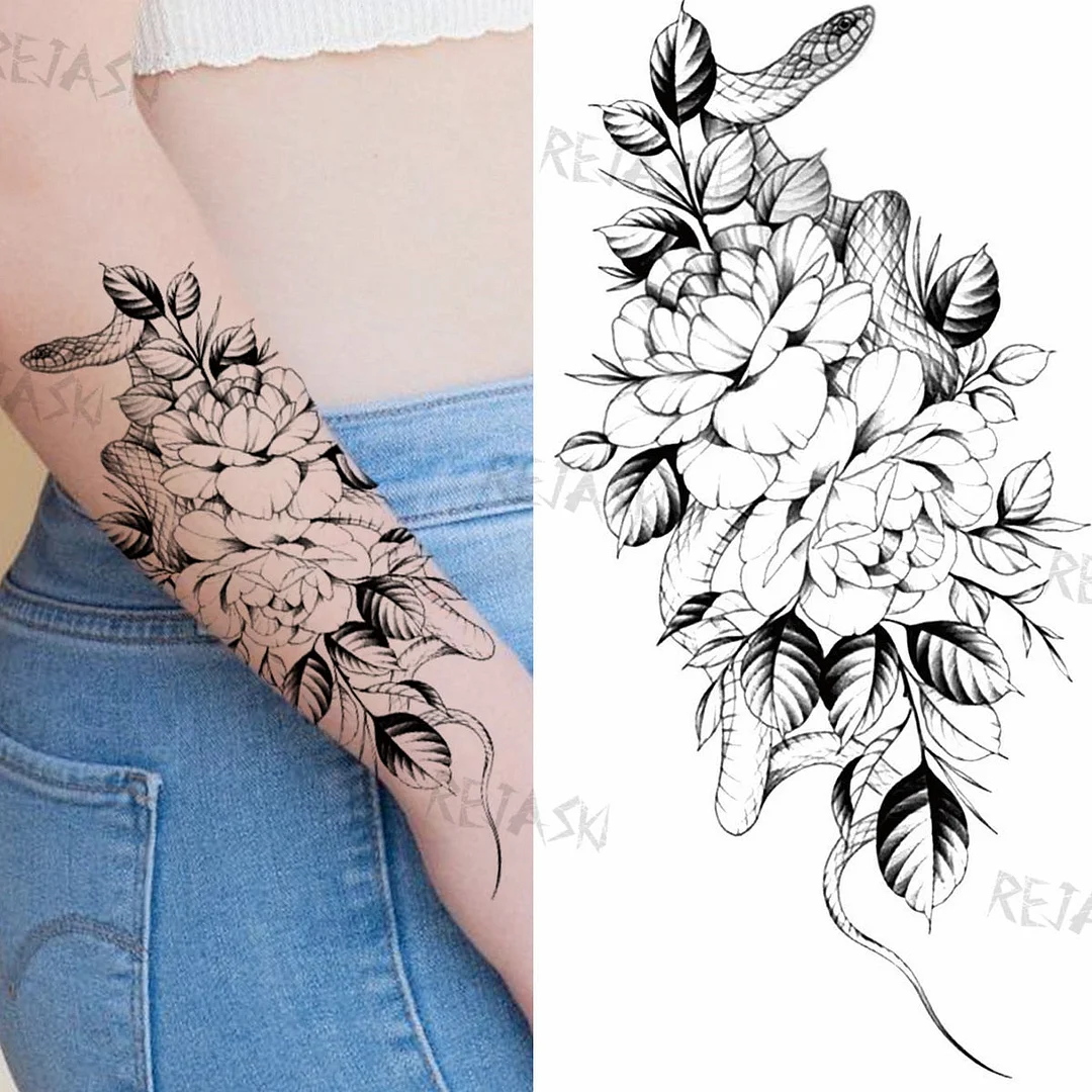 Sexy Snake Flower Fake Temporary Tattoo For Women Black Sunflower Tattoos Bloosom Big Daisy Camellia Water Transfer Tatoos Legs