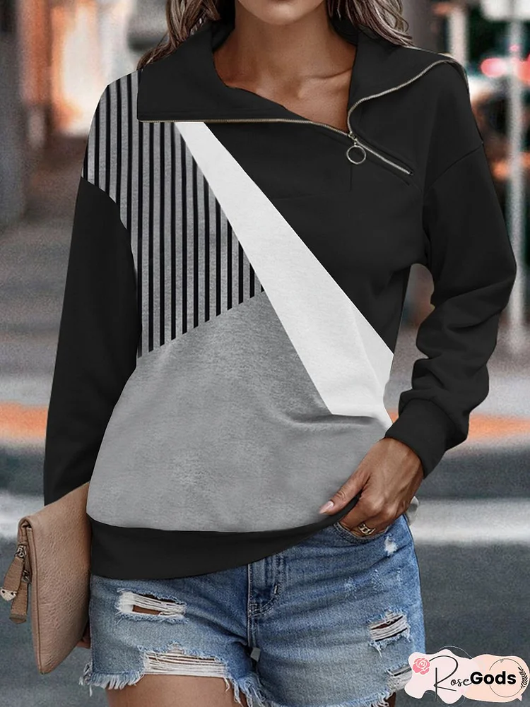 Regular Fit Casual Zipper Turtleneck Geometric Sweatshirts