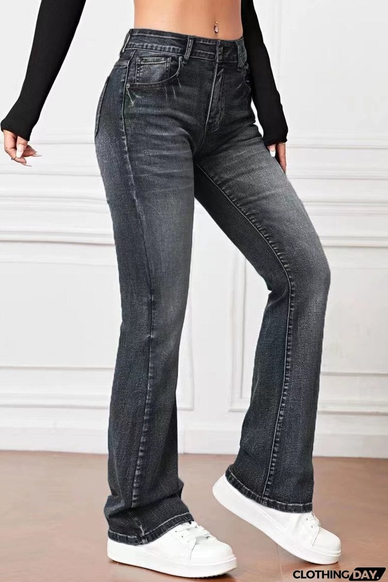 Casual Solid Pocket High Waist Denim Jeans