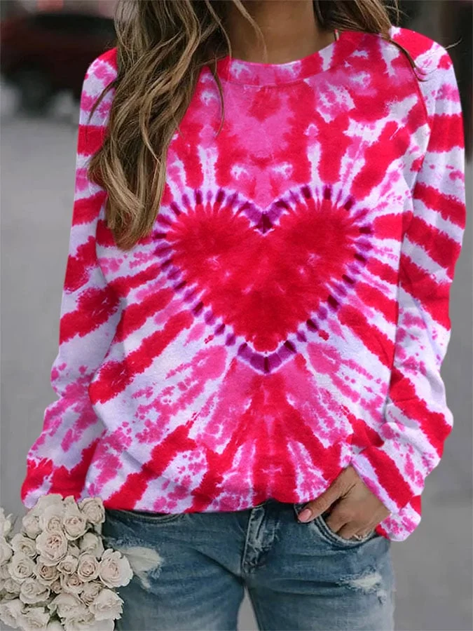 Women's Valentine's Day Heart Tie Dye Print Casual Sweater