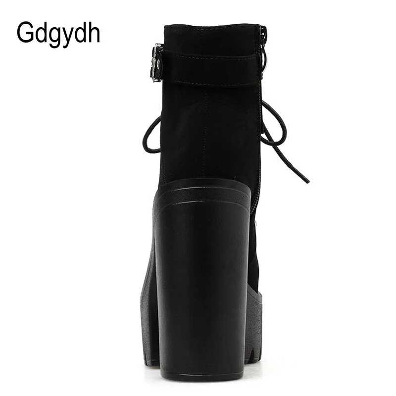 Gdgydh Lace Up Women Boots Platform Buckle Boot Winter Shoes Thick Heel Autmn Boots With Zipper Ankle Strap Black Suede Gothic