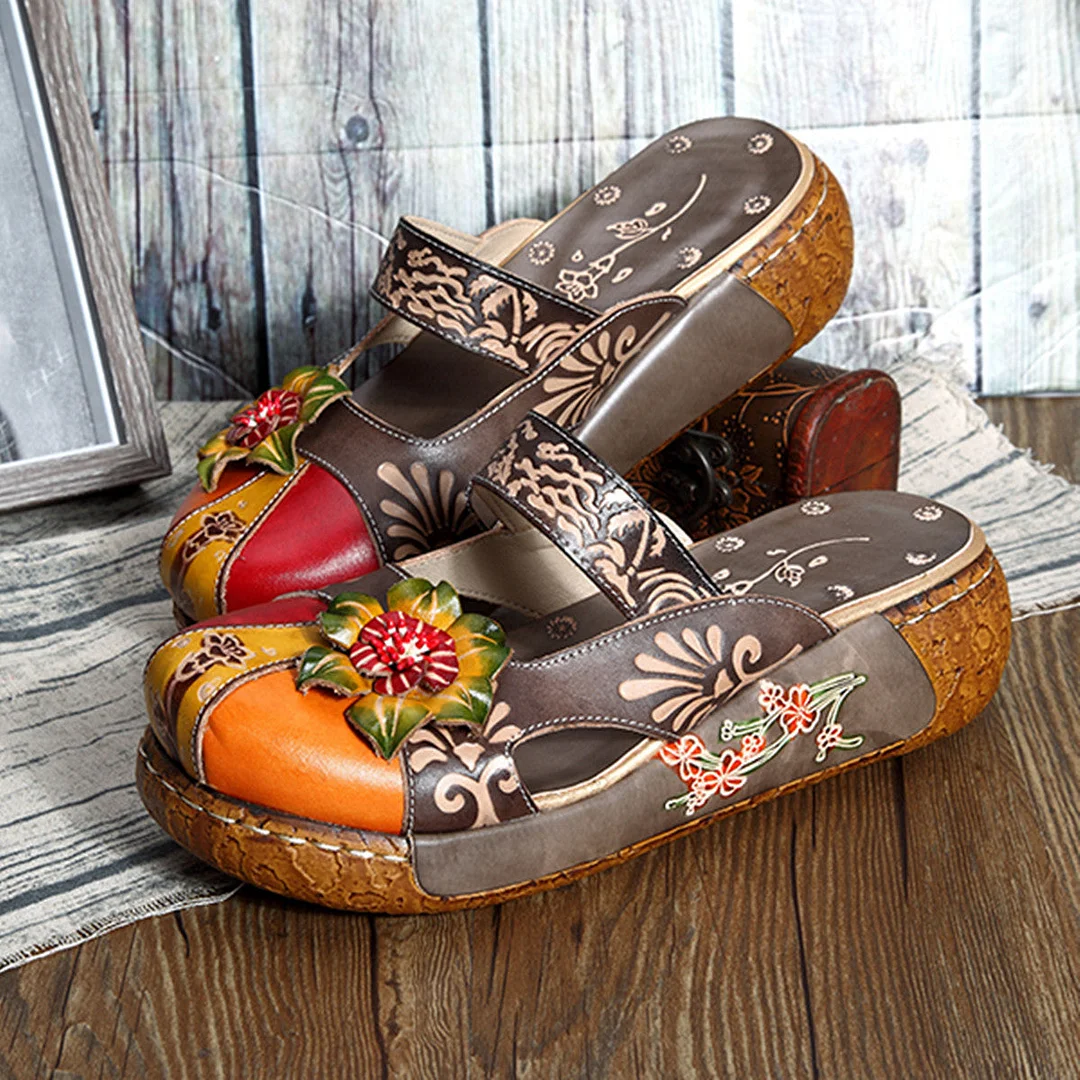 Vstacam  Casual Vintage Flat Shoes Women Printed Leather Bohemian Summer Beach Shoes Retro Flower Backless Slip-On Flats Zapatos