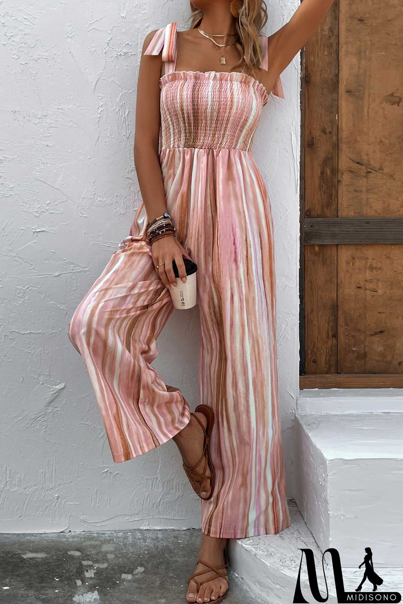 MidiSono - Gradient Striped Smocked Tie-Straps jumpsuits