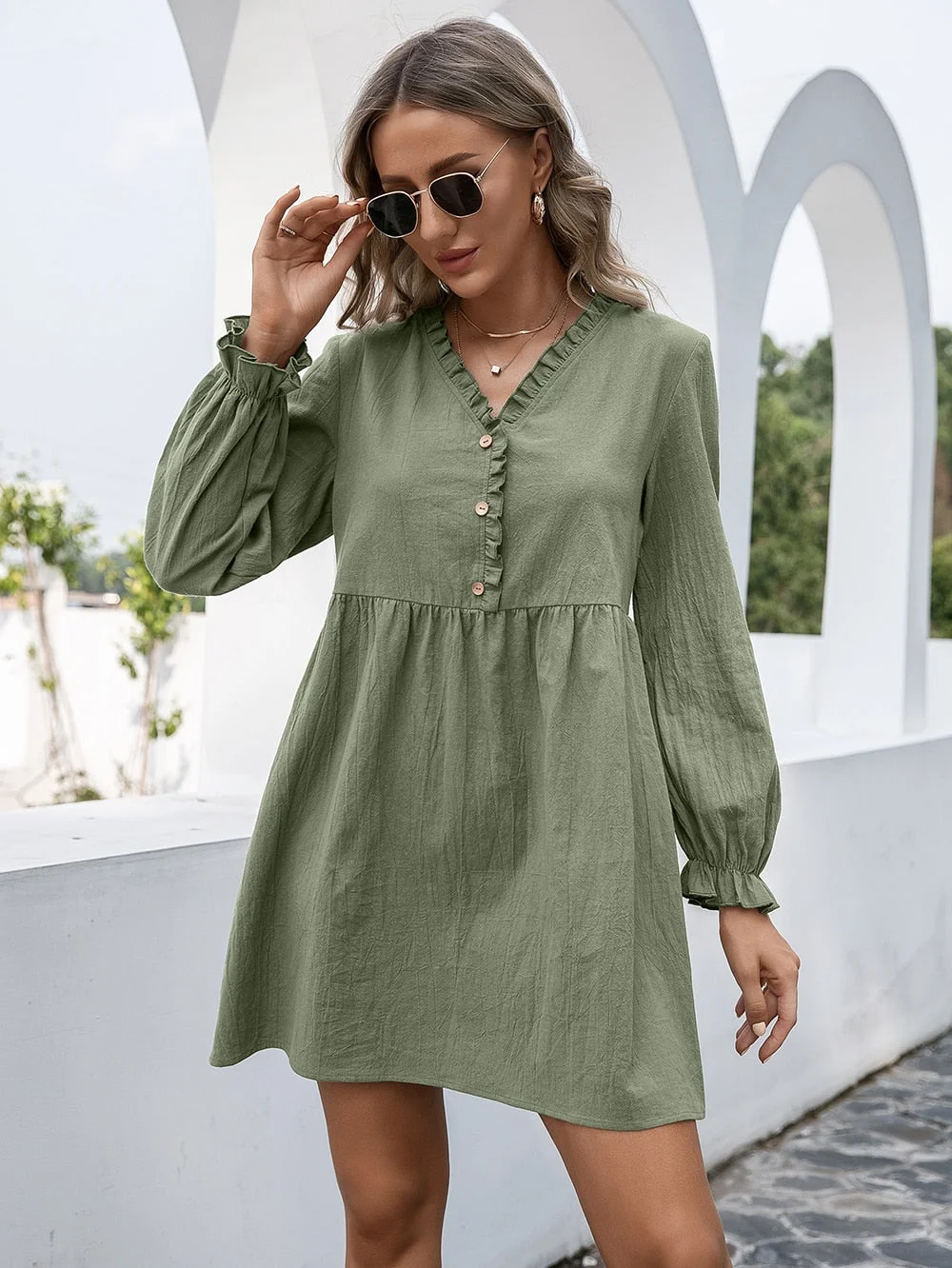 Women Vintage Front Button Ruffled A-line Dress Lantern Sleeve Deep V neck Solid High Street Mini Dress 2021 Autumn New Dress