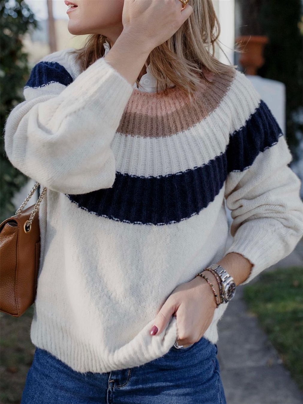 Women's Casual Patchwork  Knit Pullover Sweater Top