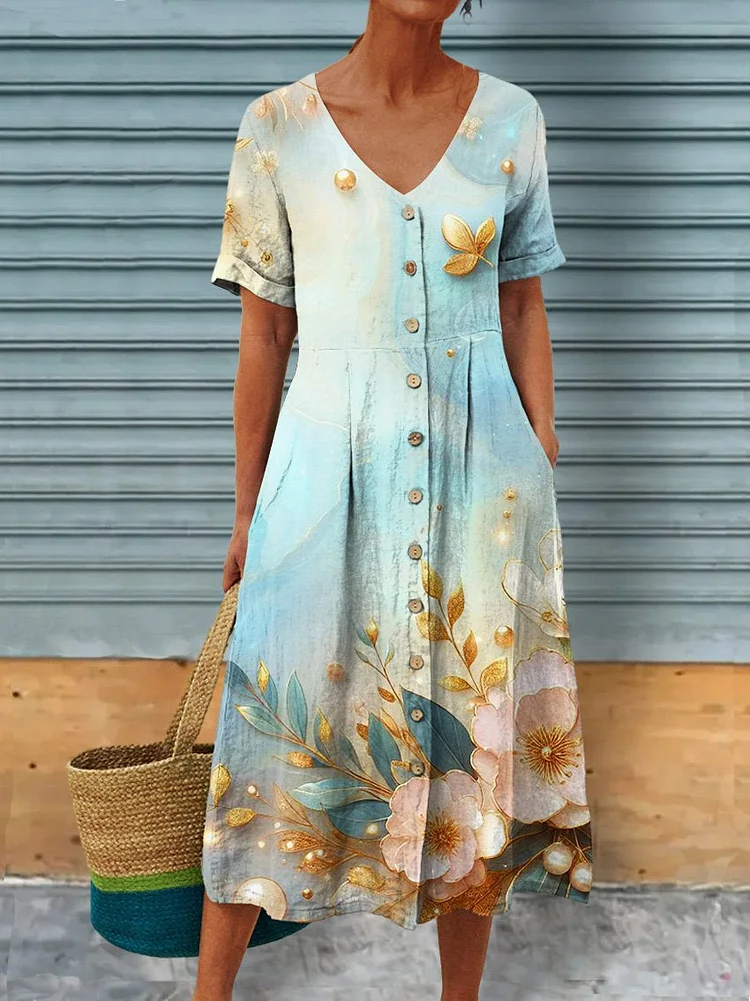 3D Peony Floral Art Printed Women's Linen Pocket Tunic Dress