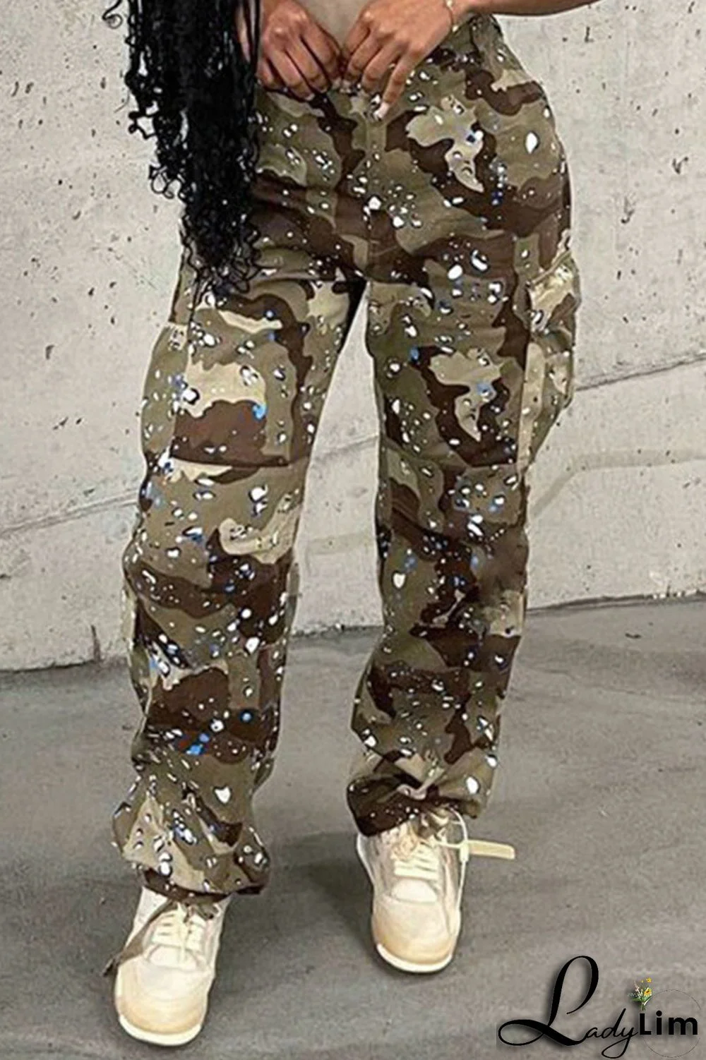 Army Green Casual Street Print Patchwork Straight High Waist Straight Full Print Bottoms