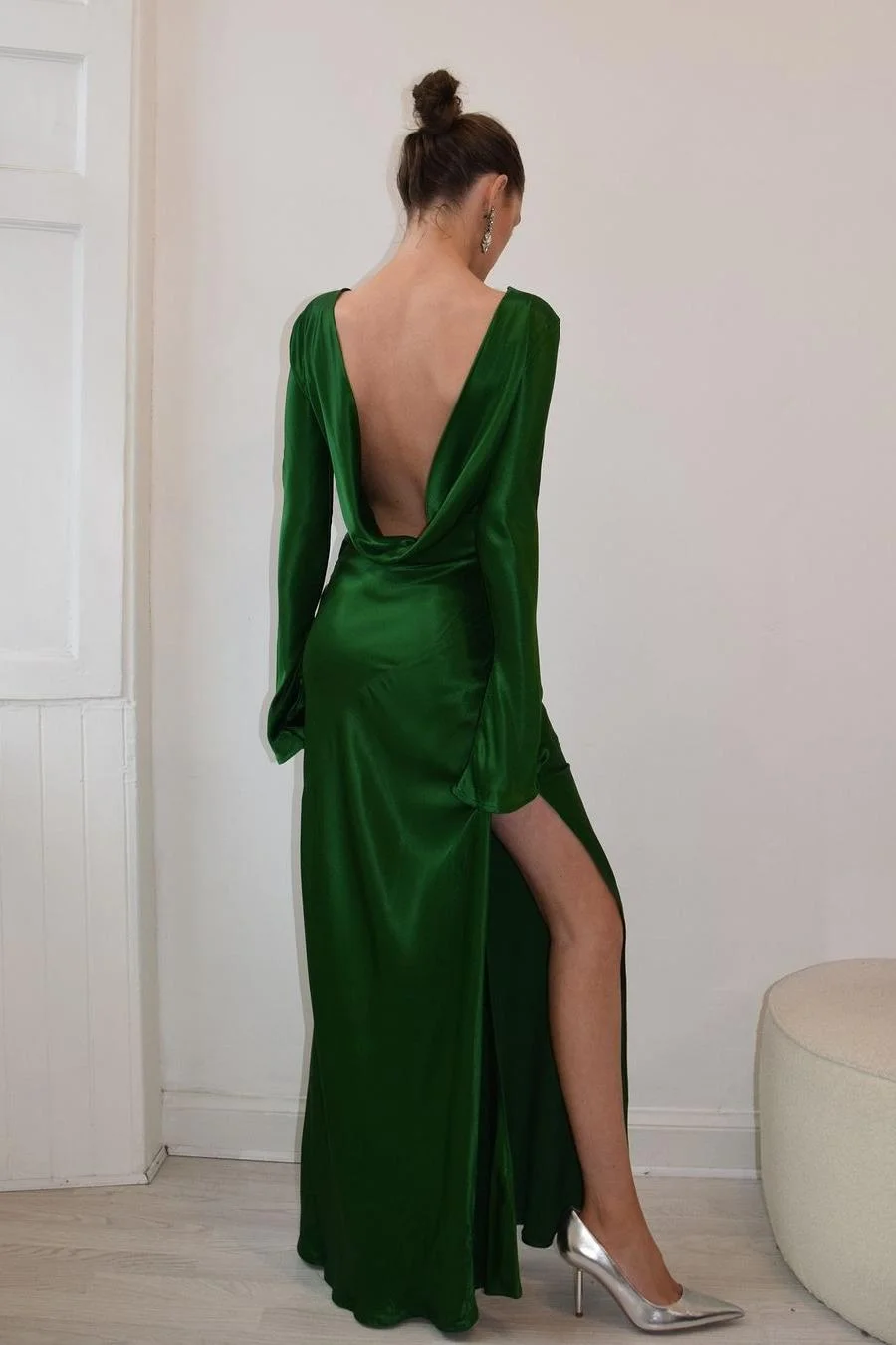 Daisda Simple Dark Green Satin Jewel Neck Long Sleeves Backless Long Prom Dress with Split