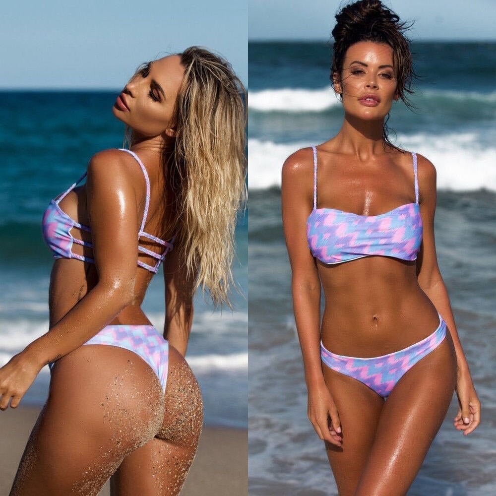 Women Swimsuit Print Bandage Triangle Swimwear Bikini Push-up Padded Bra Bathing Suit Swimming Suit
