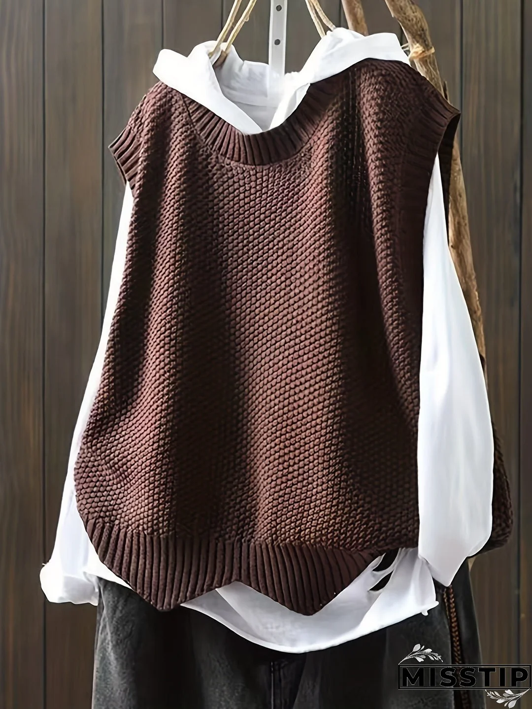 Solid Crew Neck Knitted Vest, Casual Sleeveless Loose Sweater, Women's Clothing