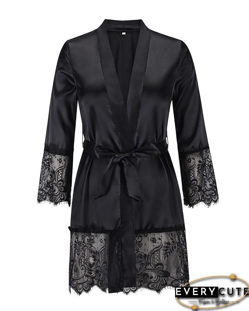 Eyelet Lace Patch Satin Long Sleeve Robe