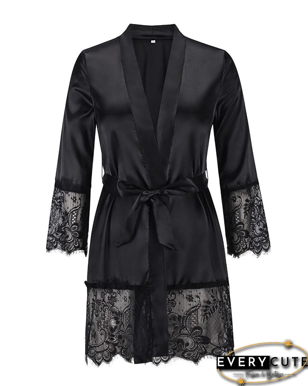 Eyelet Lace Patch Satin Long Sleeve Robe
