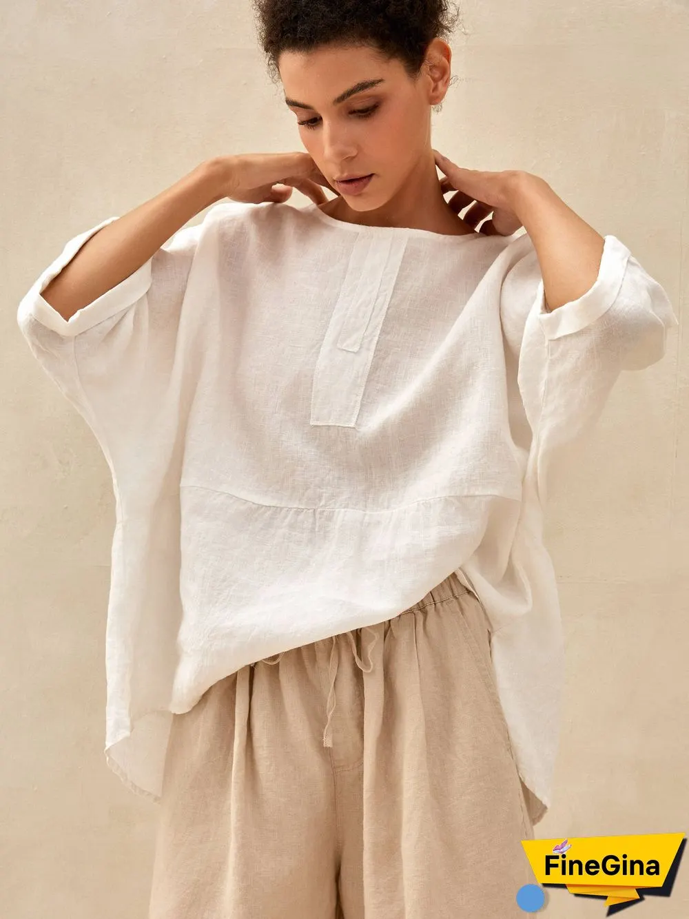 Robyn Linen Round Neck Mid-Sleeve Top