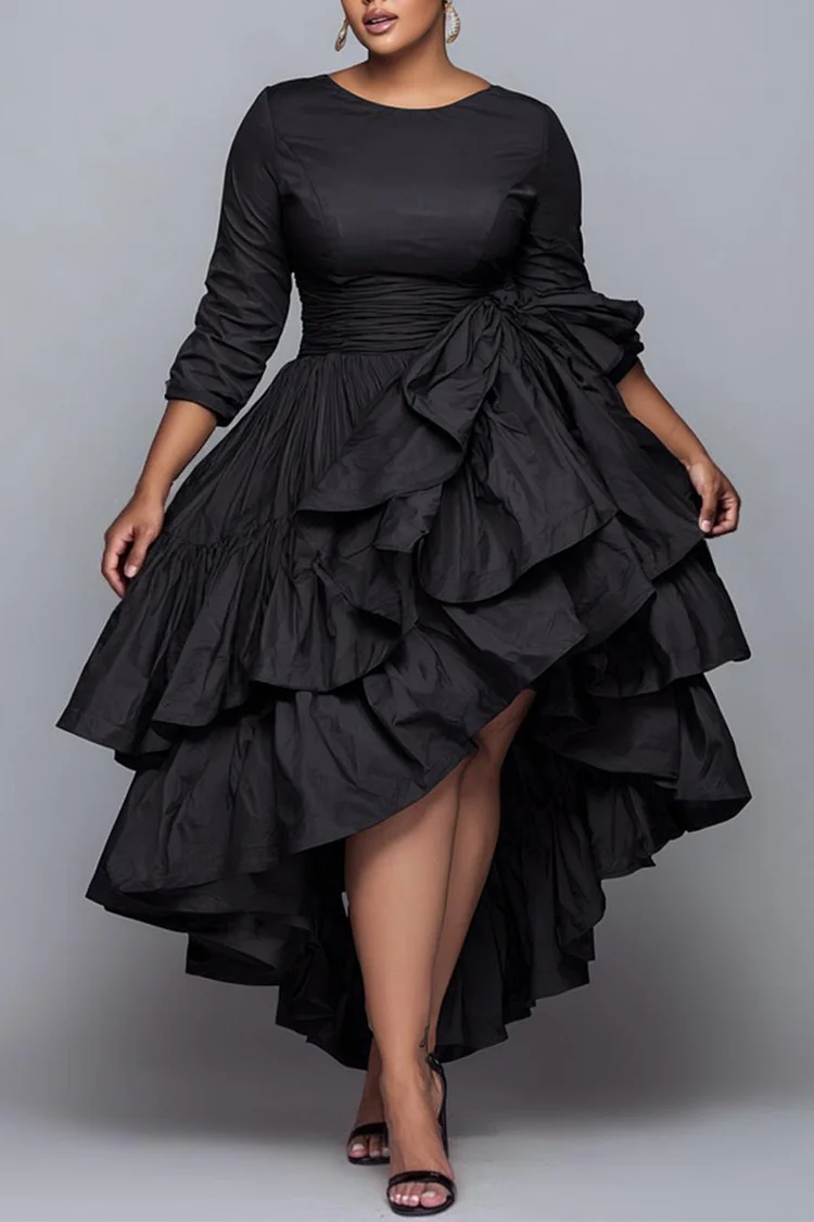 Xpluswear Design Plus Size Cocktail Party Black Round Neck 3/4 Sleeve Ruffle Elegant Asymmetric Hem Midi Dresses [Pre-Order]