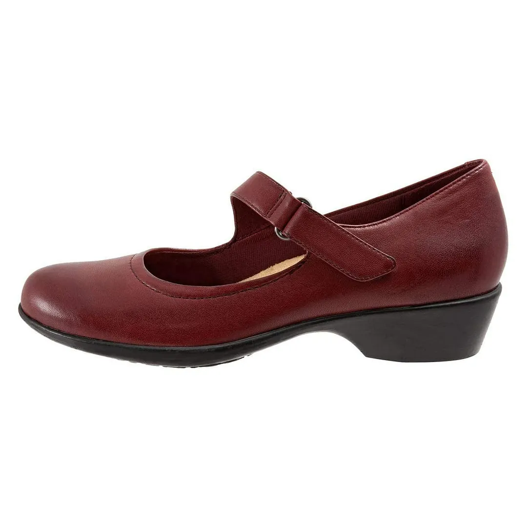 Maroon Round Toe Block Low Heel Velcro Women Mary Jane Shoes