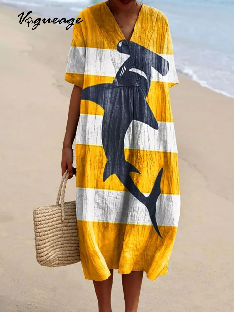 Casual Striped Cute Shark Printed Women's Casual Cotton And Linen Dress