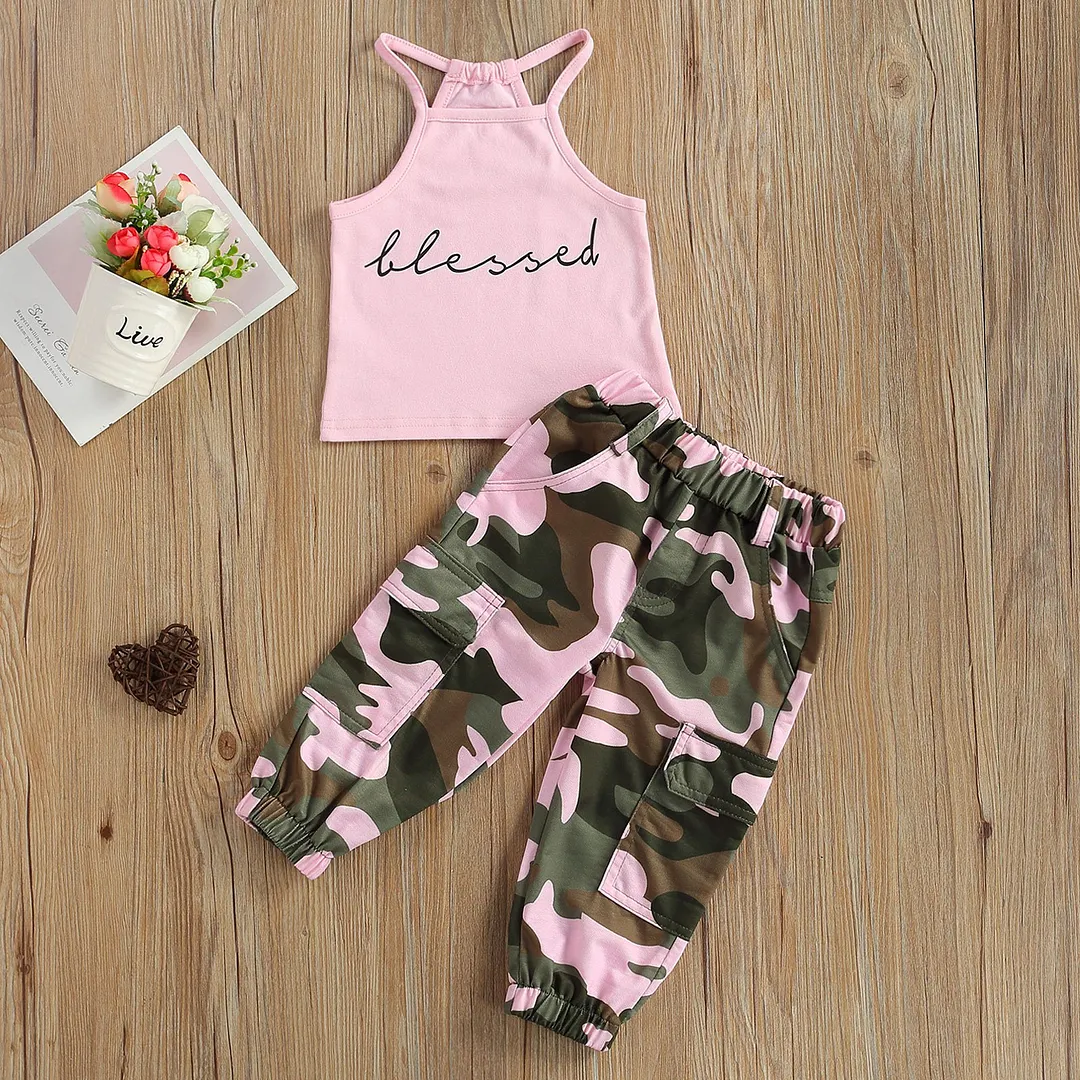Infant Kids Baby Girl&rsquo;s 2Pcs Clothes Set, Sleeveless Letter Printed High Neck Halter Tops with Camouflage Printed Long Pants