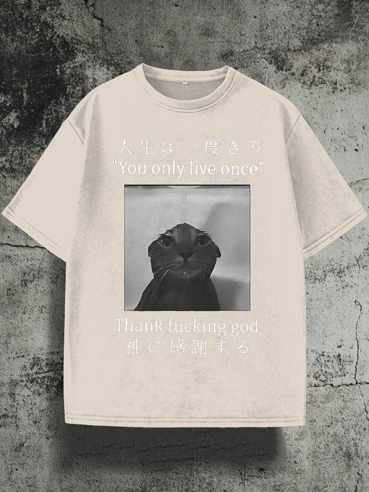 Men's Funny Melancholy Cat Print Cotton Washed T-Shirt